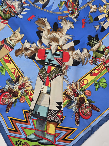 Rare Hermes Kachinas Scarf 90cm Silk Twill Hopi Design Blue Multicolor W Box.