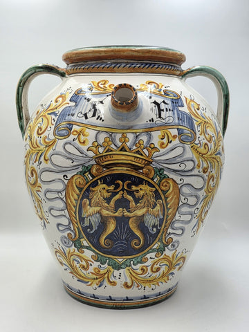 Rare Antique XL 19th C Italian Majolica Olive Oil Jar Heraldic Lions Handpainted