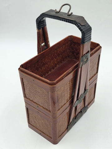 Antique Japanese Meiji Bamboo Picnic Basket Bento Box Woven Basket Complete Case