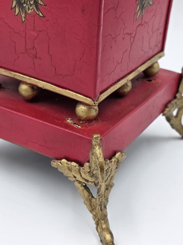 Antique 1940 Hollywood Regency Red Gold Toleware Planter Cachepot Louis XV Style