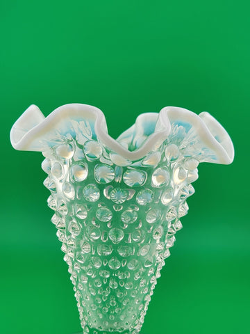 Vintage Fenton Hobnail Pearlized Wavy Edge Glass Footed Vase 5.75"