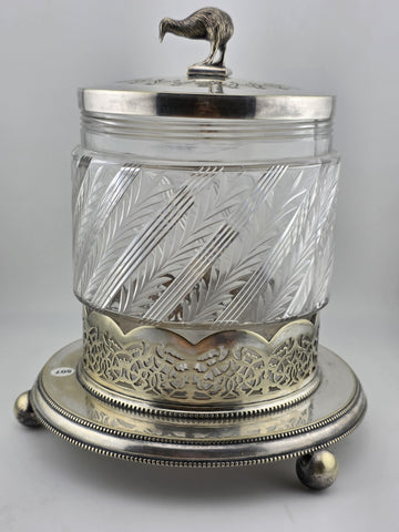 Rare 1880s Antique Hukin & Heath Biscuit Jar Cut glass & Silverplate W Kiwi Bird