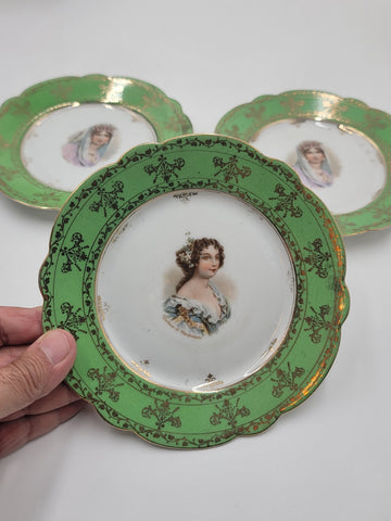 Set Of 3 19th C Antique Carlsbad Austria Porcelain Portrait Cabinet Plate 6.5 in