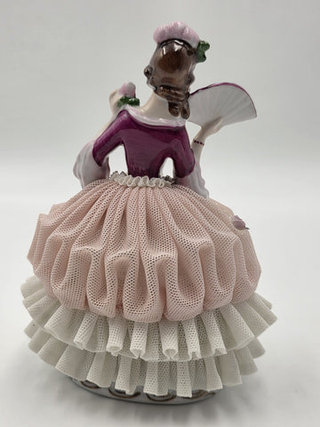 Vintage German Dresden Style Porcelain Lace Lady Figurine Fan Rose 7"