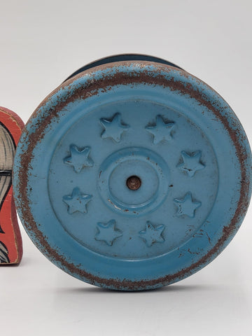 1940'S PULL TOY COWBOY ON HORSE Wood Metal Wheels Gong Bell Mfg.Co.
