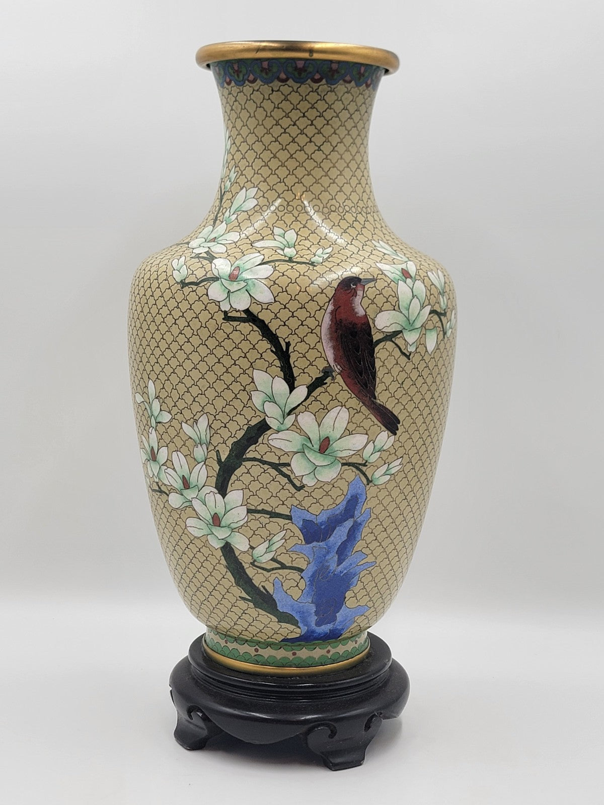 XL Cloisonné Vase Beautiful Floral  Fine Wirework Interior Brass 17 inches tall