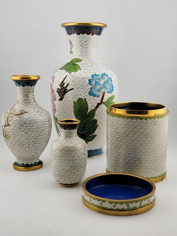 Gorgeous Assortment Of Mid Century  Cloisonne Including 3 VASES & A Tea Caddy.