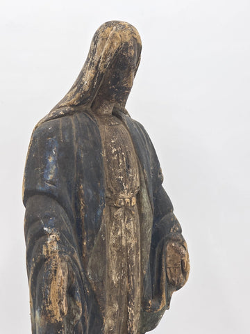 Antique 18th C Spanish Colonial Hand-Carved Virgin Mary Statue Polychrome Wood