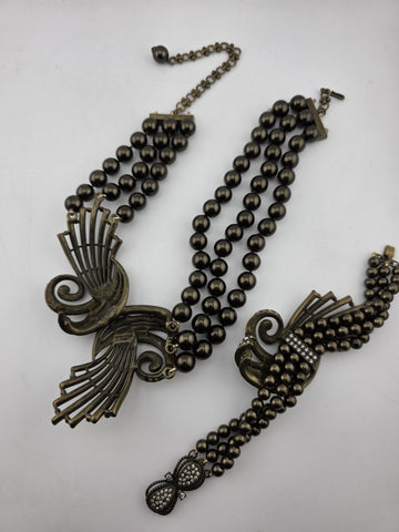 Rare Vintage Heidi Daus Statement Necklace & Bracelet, Chunky Black Faux Pearls