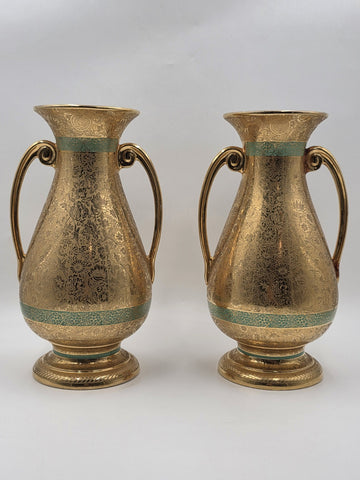 Pair Vintage Le Mieux 24 Karat Gold Handled Vases Victorian Scene Ladies Cherubs