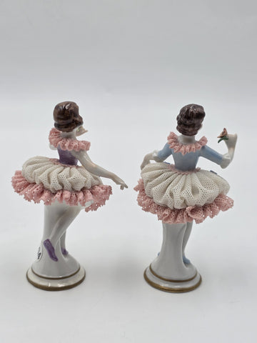 Vintage Dresden Style Porcelain Lace Ballerina Dancer Figurines Pair German 4"