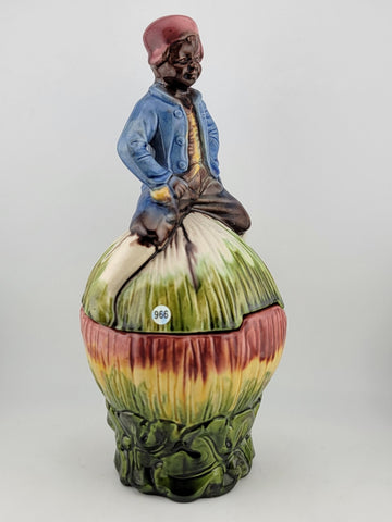 Rare African Boy Horn Blower Vintage Majolica Pottery Candy Dish/ Cookie Jar