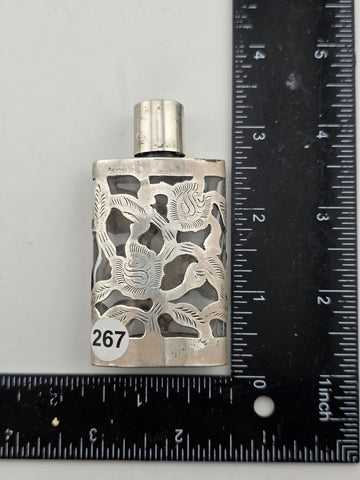 Antique Mexican Sterling Silver 925 Overlay Perfume Bottle Floral Cutwork Flask