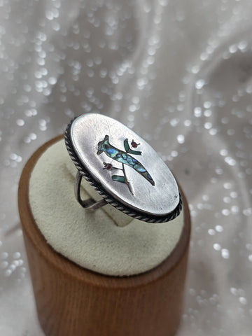VTG  TAXCO M-5 MEXICO STERLING SILVER RING WITH BIRD INLAY MULTI COLOR STONES
