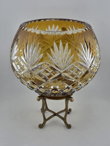XL AJKA ODESSA CAROLINE amber gold cased cut clear Hungarian crystal rose bowl
