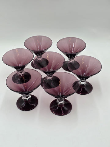 ANTIQUE SET OF 7 MID CENTURY BRYCE WILMINGTON AMETHYST 5 1/2" CHAMPAGNE GLASSES.