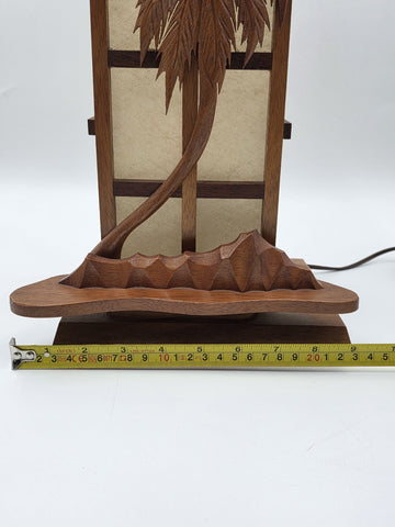 Vintage Mid Century Modern Carved Hawaiian Koa Wood Palm Tree Tiki Table Lamp