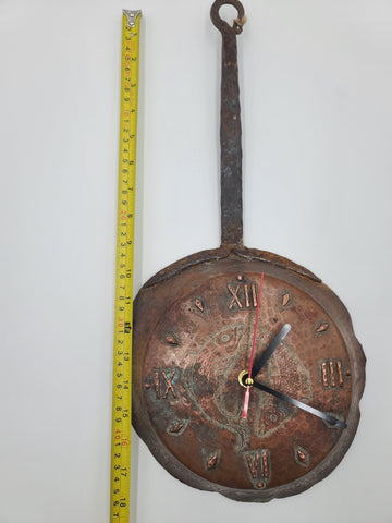 Antique Copper and Wrought Iron Frying Pan Shaped Clock - New Movement. Works