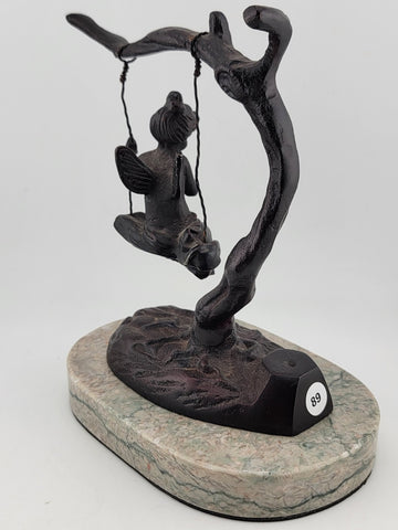 Antique Bronze Statue After Moreau Angel Swinging from Tree On A Marble Base.