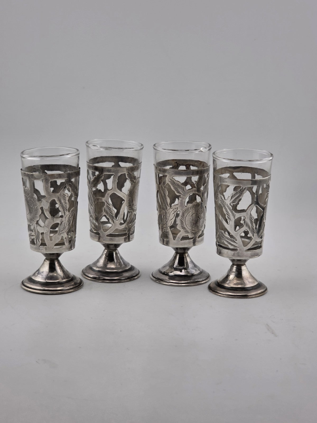 SET Of 4 MID-CENTURY MEXICO STERLING SILVER 3" PIERCED CORDIALS, GLASS LINERS
