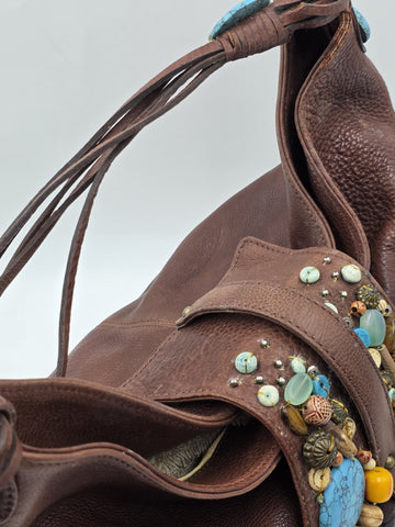 Vintage Cole Haan G Series Brown Leather Native American Style Large Hobo Bag