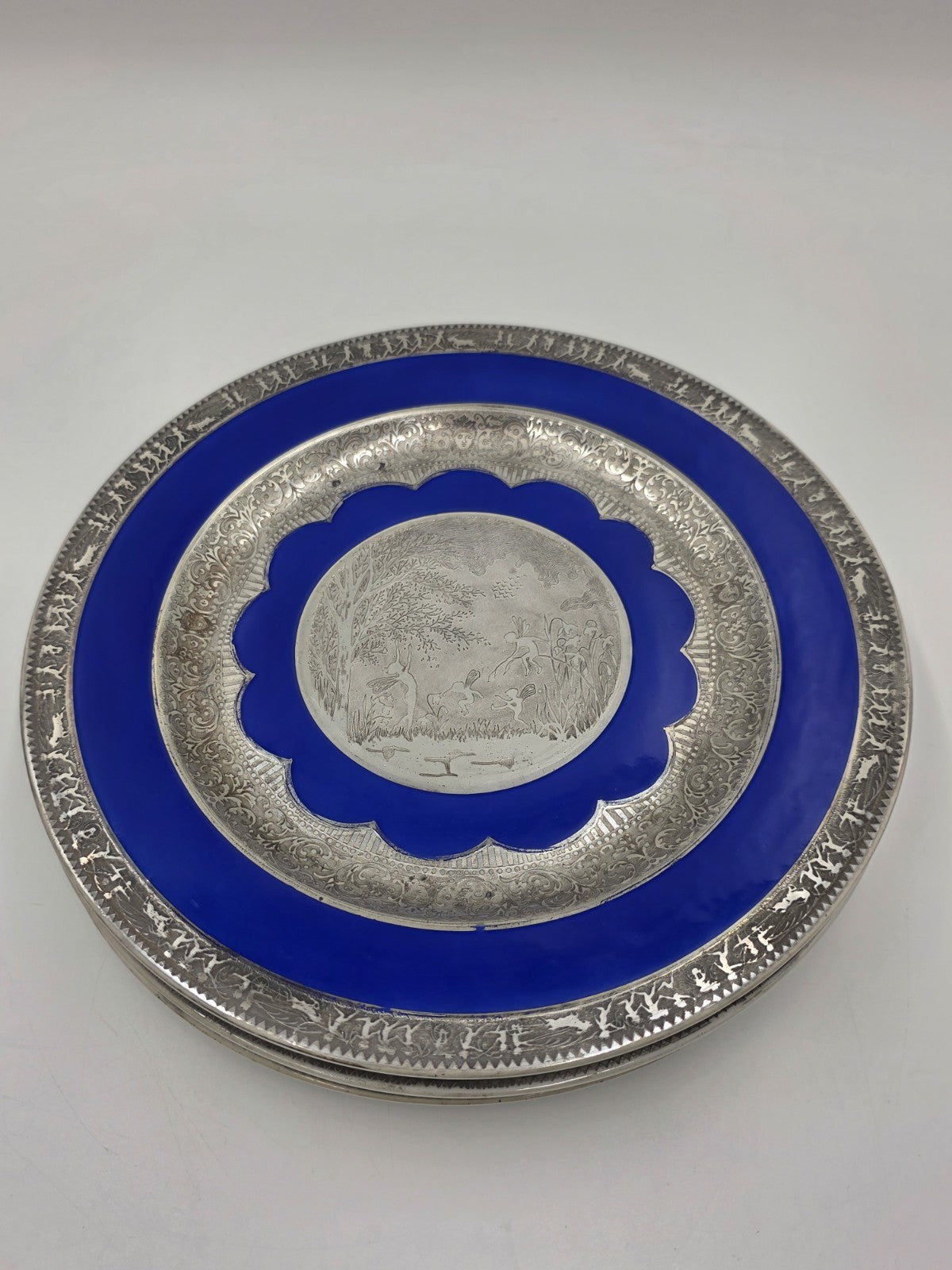 Set of 3 Antique Czech Silver Inlaid Blue Enamel Fairy Plates c.1910 Art Nouveau