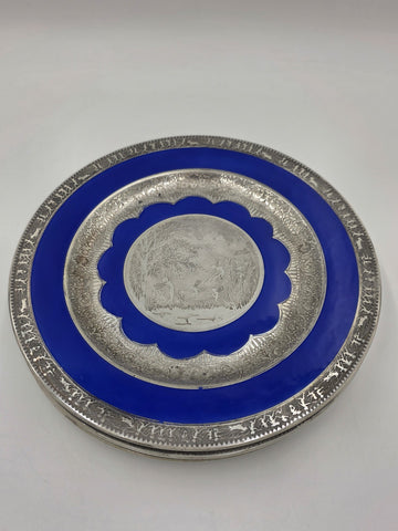 Set of 3 Antique Czech Silver Inlaid Blue Enamel Fairy Plates c.1910 Art Nouveau