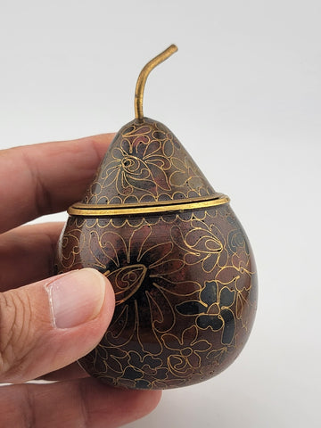 Vintage Cloisonné Enamel Brass Pear Shaped Trinket Box with Stem Floral Design