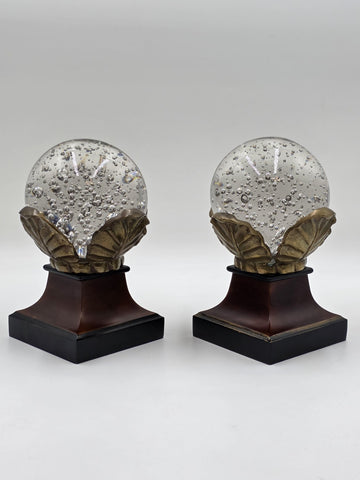 Rare Pair Of Antique Massive 6" Crystal Ball On Brass Leaves Bookends / Decor.
