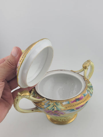 1920's Antique Nippon Hand Painted Sugar & Creamer Set Raised Gold Art Nouveau