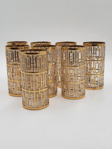 8 Vintage Mid Century Imperial Glass 22k Gold Shoji Trellis Highball Tumblers
