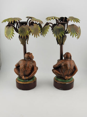 VTG Pr. PETITES CHOSES Monkey Palm Tree Hand Painted Metal TOLEWARE Candlesticks