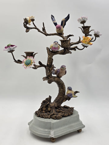 Vintage Celadon Cast Bronze Porcelain Birds Flowers Tree  Candle Holder Figurine