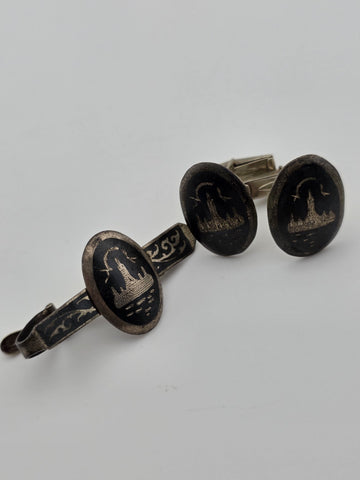 Rare Antique 1940s Siam Sterling Silver Niello Jewelry His And Hers Complete Set