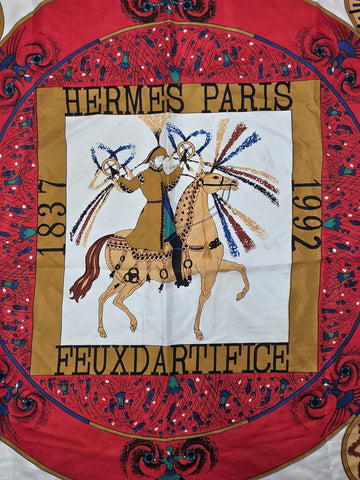 VINTAGE HERMES FEUX D’ARTIFICE FIREWORKS RED SILK SCARF WRAP 1937-1990 34X34