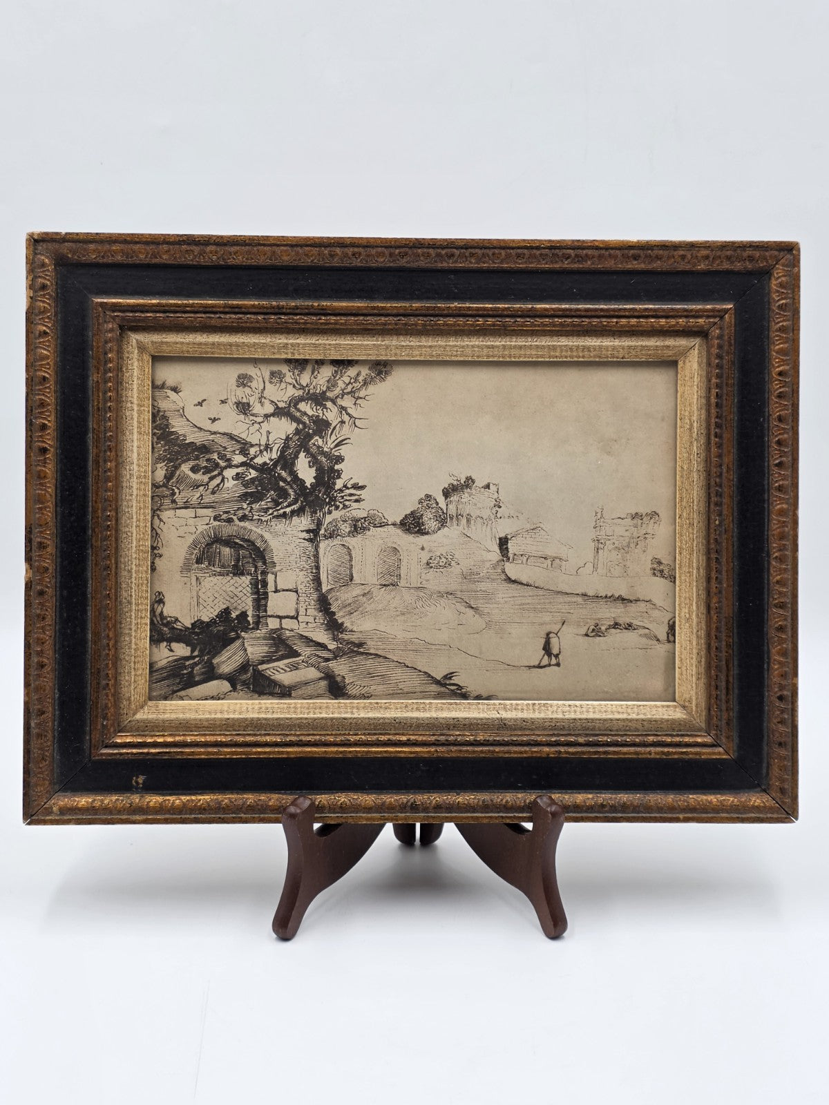 Rare Antique Framed Etching After Guercino "Ravine and Pool" Landscape Print