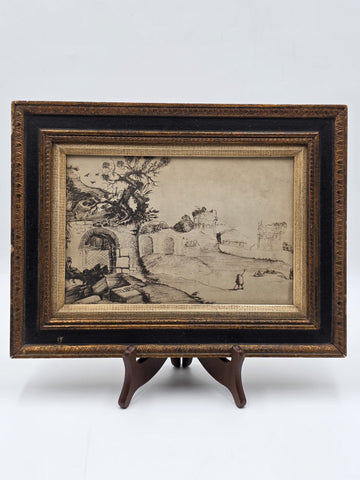 Rare Antique Framed Etching After Guercino "Ravine and Pool" Landscape Print