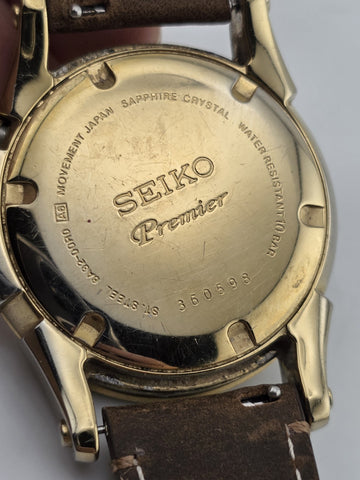 Vintage Seiko Premier SNQ118 Perpetual Calendar Brown Leather Band Mens Watch