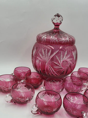 Rare 1940's Vtg Bohemian Cranberry Cut to Clear Crystal Punch Bowl Set w/13 Cups