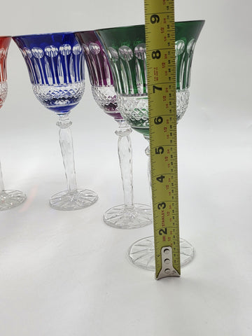Gourgeous Set Of 6 Colorful Cut to Clear Crystal 8 3/4" Tall Hock Wine Glasses