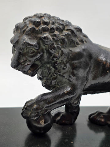 19th C Victorian Cast Iron Lion Double Inkwell Desk Set Antique Black Japanned.