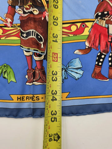 Rare Hermes Kachinas Scarf 90cm Silk Twill Hopi Design Blue Multicolor W Box.