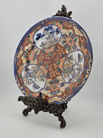 19th C Japanese Imari Plate Meiji Period Red Blue Gold w/ Victorian Brass Easel