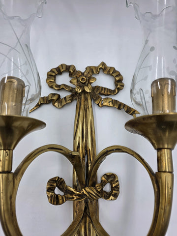 Pair Vintage Louis XVI Style French Ormolu Brass Wall Sconces w/ Etched Glass.