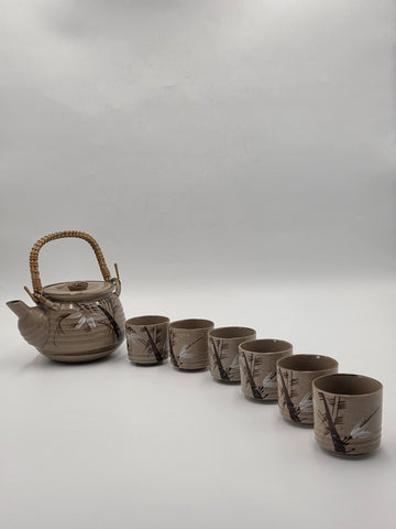 Vintage Japanese Ceramic Tea Set Bamboo Motif Teapot & 6 Cups Stoneware. VG Cond