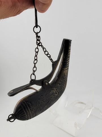 Rare Antique 18th C Ottoman Islamic Bronze Engraved Black Powder Gun Flask.