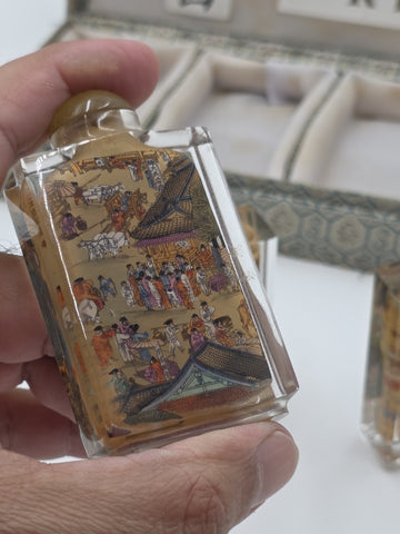 RARE RIVERSCENE CHINESE ASIAN PAINTED SET OF 6 SNUFF BOTTLES IN PRESENTATION BOX