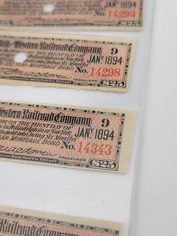 Norfolk & Western Railroad Co Gold Bond Coupons Stamps lot 4. $25 Issued 1894