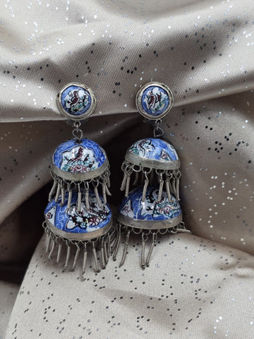 Rare Antique Hand Painted Filigree Silver Lantern Chandelier Dangling Earrings.