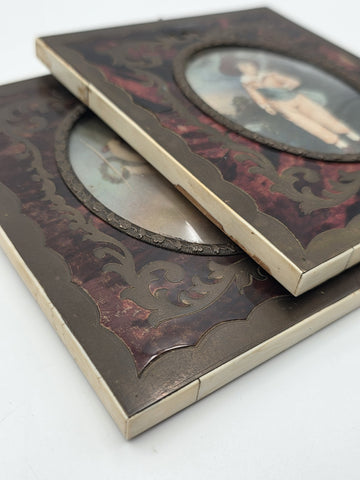 Antique Continental Hand-Painted Portrait Miniatures in Rococo Revival Frame